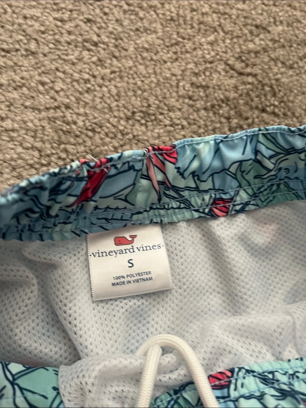 Vineyard Vines Boys Light Blue Swim Trunks with Swordfish and Coral Accents